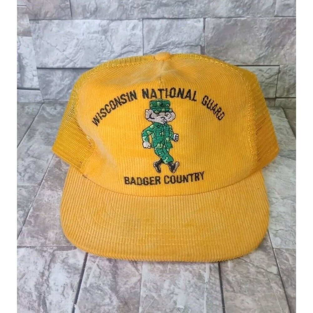 Vtg Wisconsin National Guard Badger Country Yellow Mesh Corduroy Snapback Hat